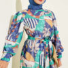 Buttoned Cuff Mixed Pattern Dress Navy Blue - Image 2