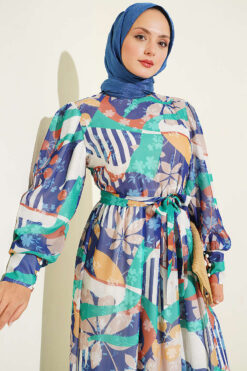Alternative view of Buttoned Cuff Mixed Pattern Dress Navy Blue