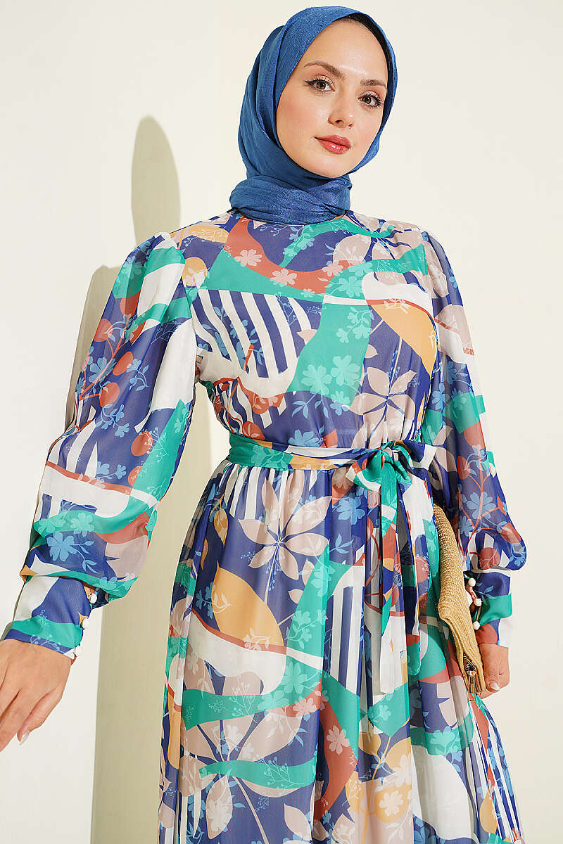 Buttoned Cuff Mixed Pattern Dress Navy Blue - Image 2