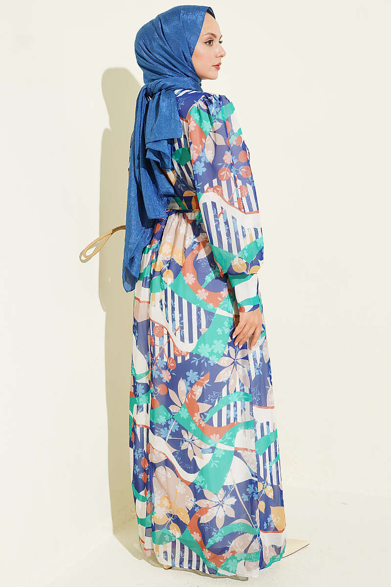 Buttoned Cuff Mixed Pattern Dress Navy Blue - Image 3