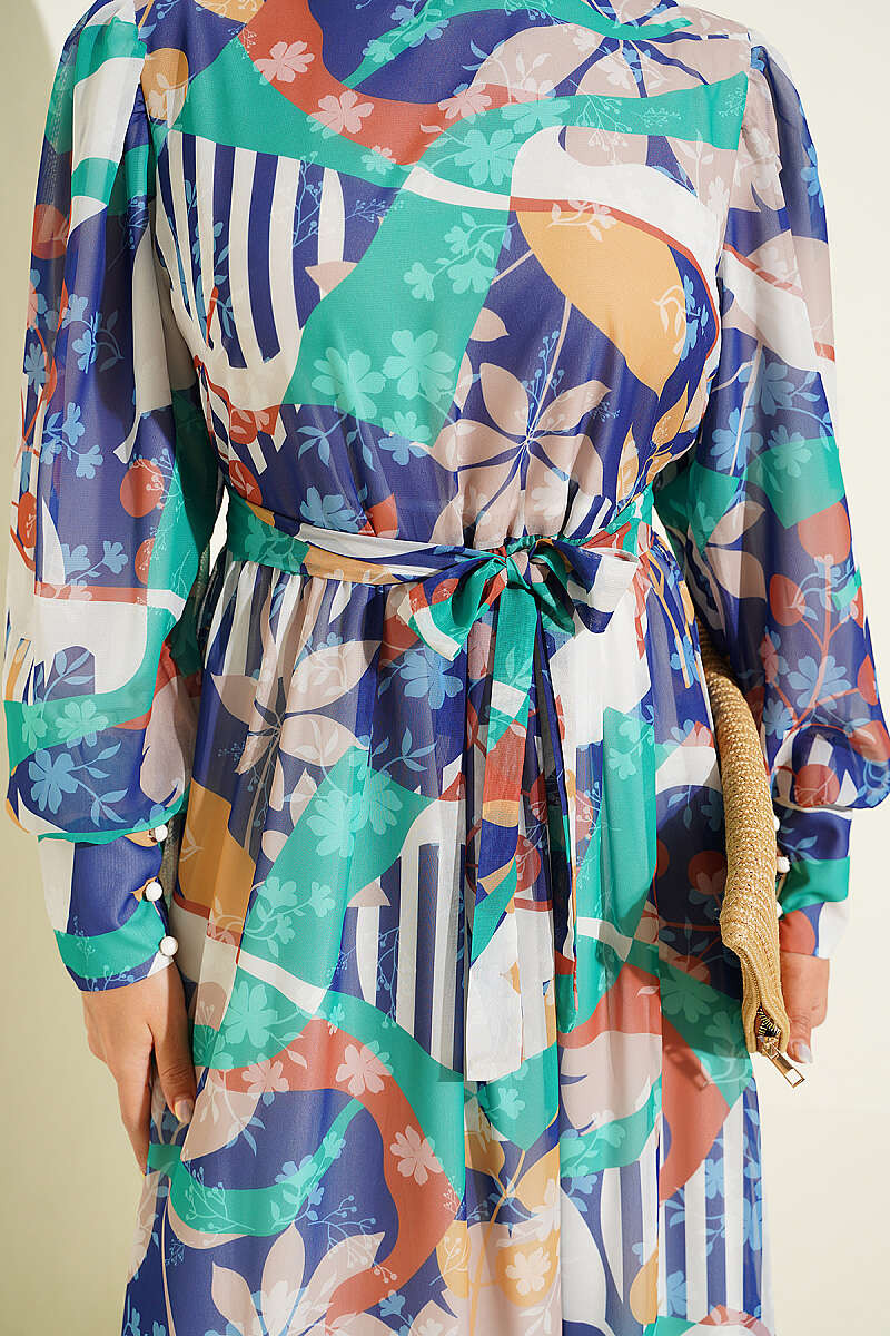 Buttoned Cuff Mixed Pattern Dress Navy Blue - Image 4