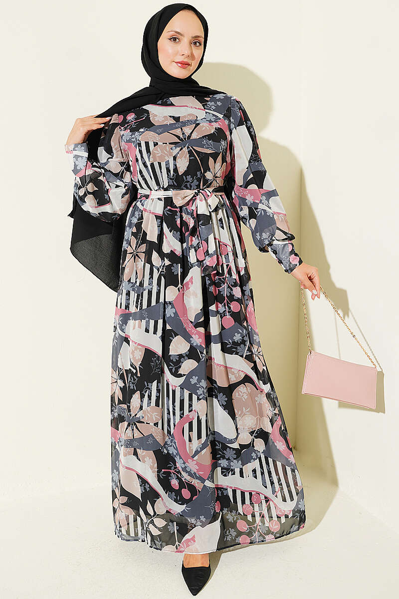 Buttoned Cuff Mixed Pattern Dress Black