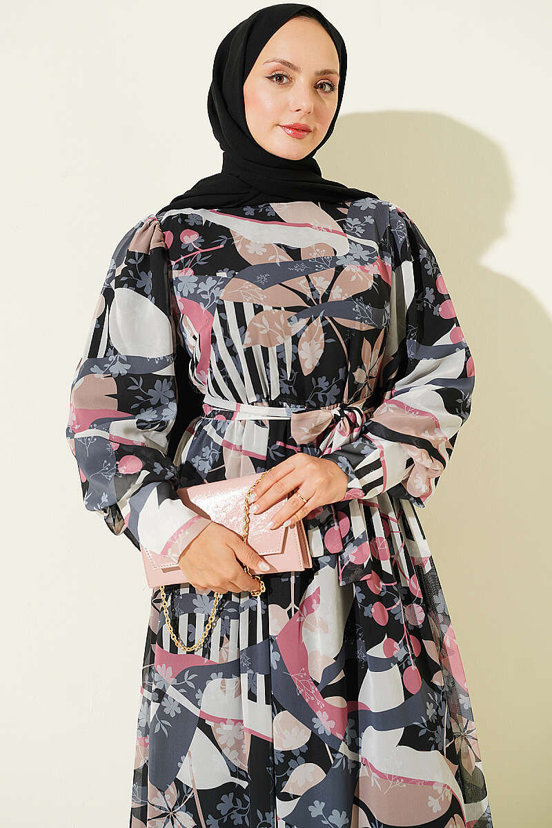 Buttoned Cuff Mixed Pattern Dress Black - Image 2