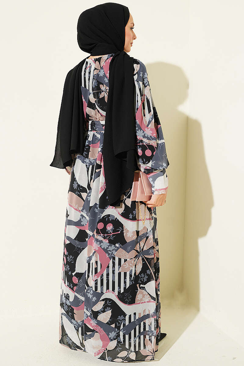 Buttoned Cuff Mixed Pattern Dress Black - Image 3