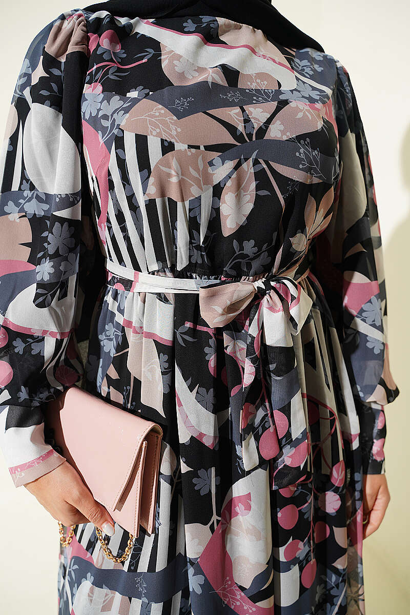 Buttoned Cuff Mixed Pattern Dress Black - Image 4