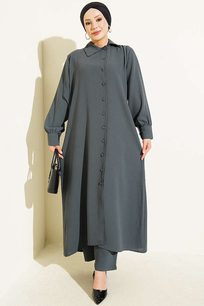 Long Tunic with Buttoned Cuffs Two-Piece Set Smoke