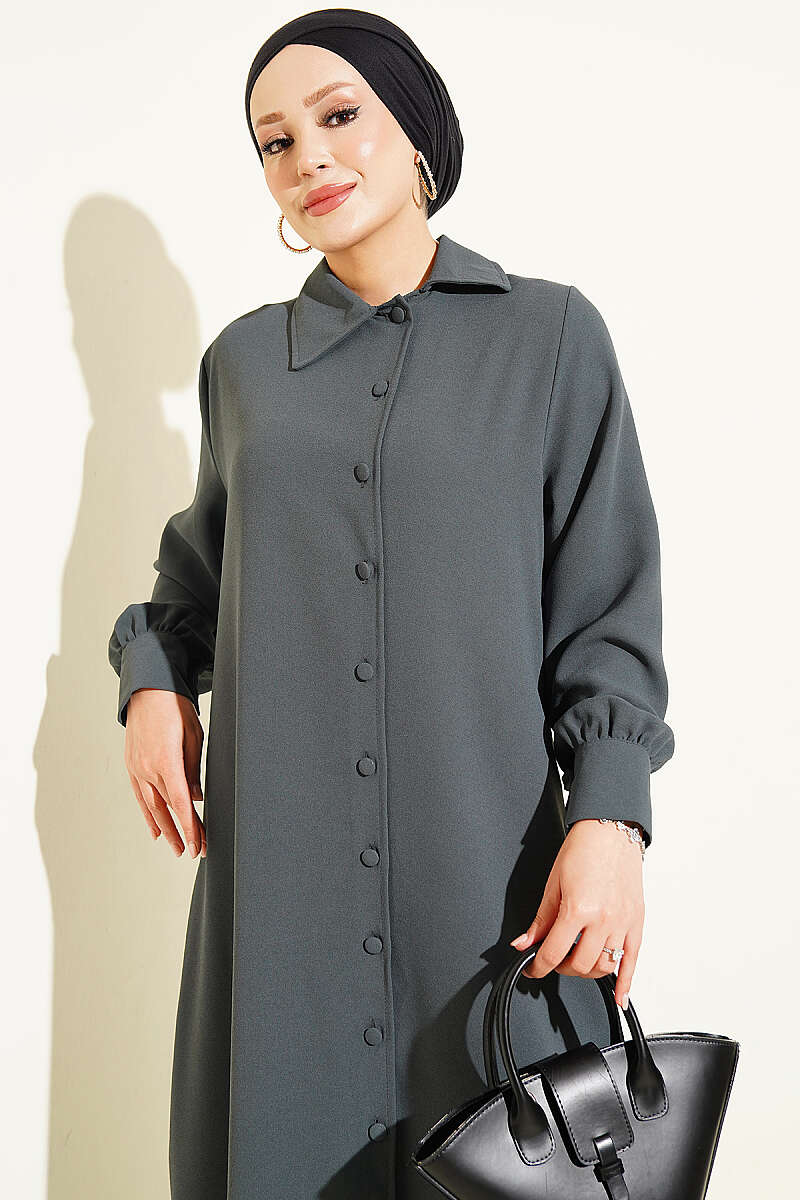 Long Tunic with Buttoned Cuffs Two-Piece Set Smoke - الصورة 2