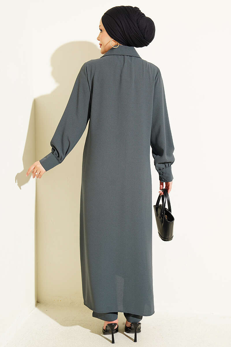 Long Tunic with Buttoned Cuffs Two-Piece Set Smoke - الصورة 3