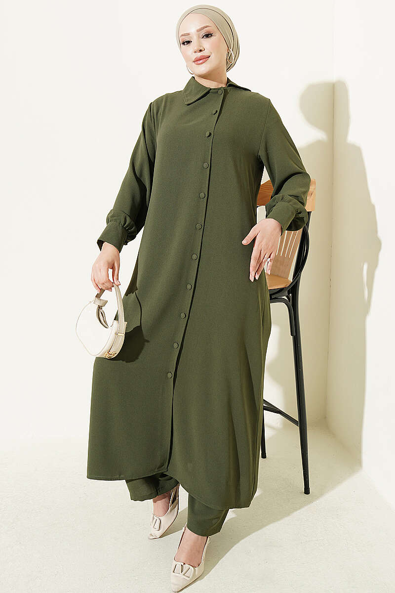 Crew Neck Top and Arm-Detail Two-Piece Set Khaki - الصورة 5