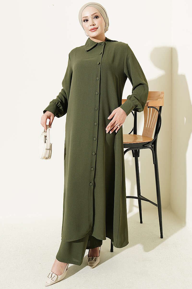 Long Tunic with Buttoned Cuffs Two-Piece Set Khaki – Image 2