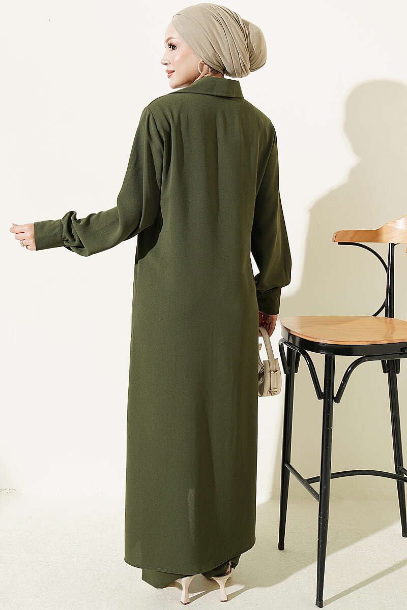 Long Tunic with Buttoned Cuffs Two-Piece Set Khaki – Image 3