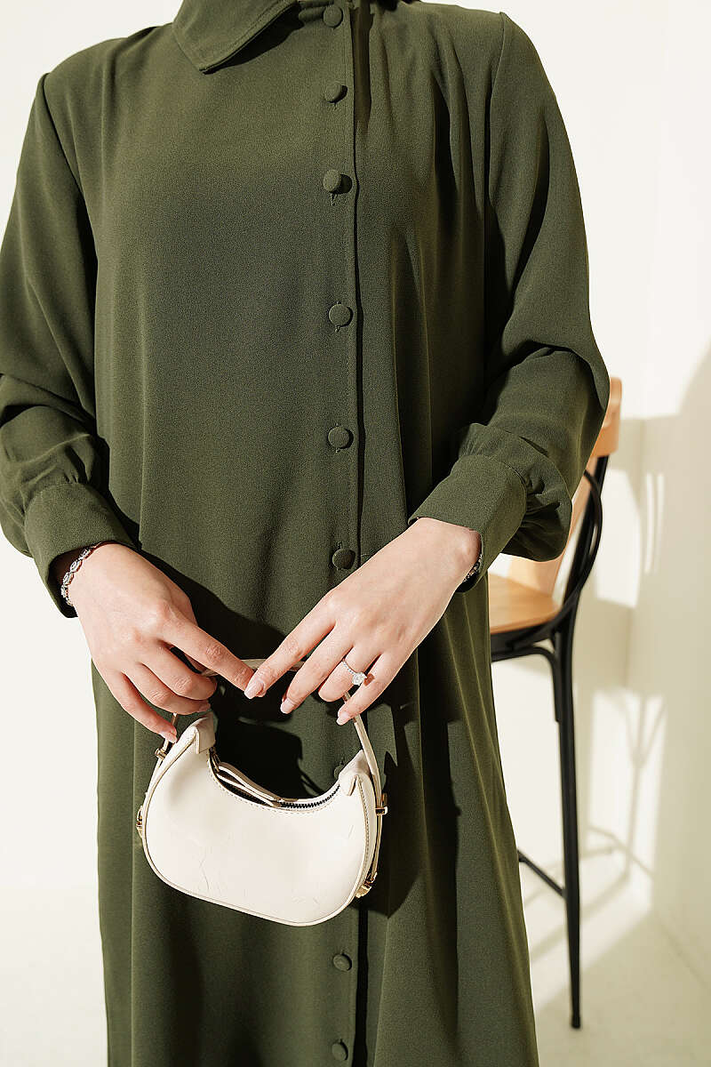 Long Tunic with Buttoned Cuffs Two-Piece Set Khaki – Image 4