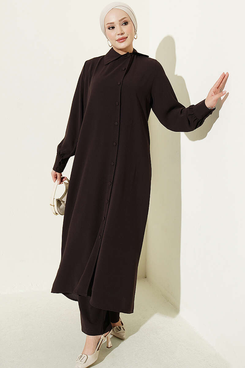 Long Tunic with Buttoned Cuffs Two-Piece Set Brown
