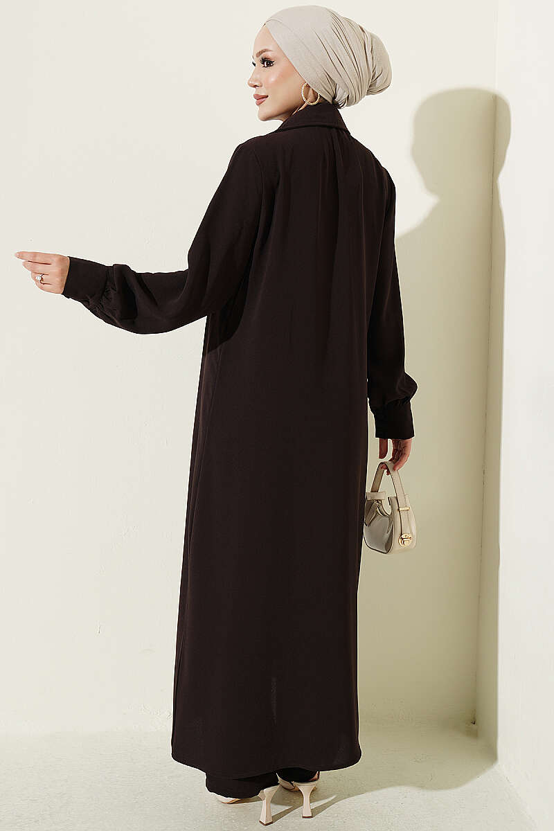 Long Tunic with Buttoned Cuffs Two-Piece Set Brown – Image 3
