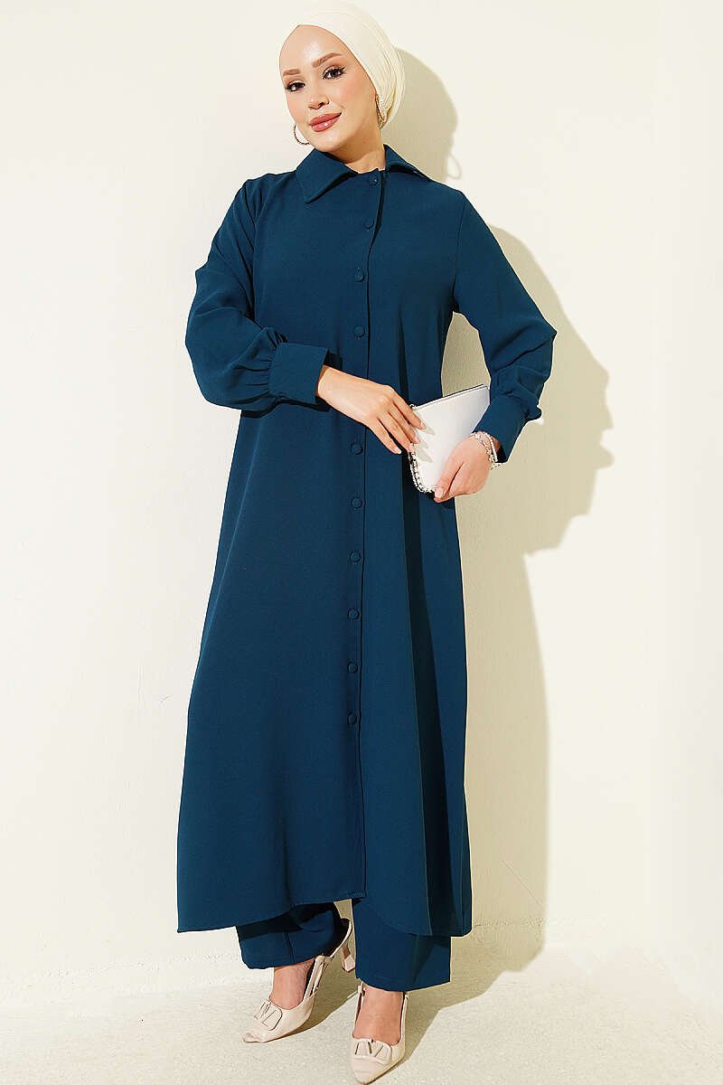 Long Tunic with Buttoned Cuffs Two-Piece Set Petrol