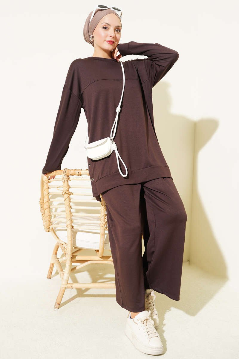 Metal Snap Button Detailing Two-Piece Set Dark Brown