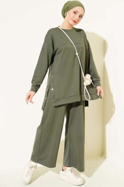Metal Snap Button Detailing Two-Piece Set Khaki