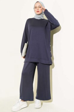 Metal Snap Button Detailing Two-Piece Set Navy Blue