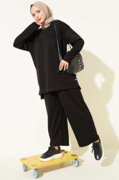 Metal Snap Button Detailing Two-Piece Set Black