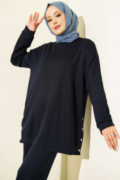 Alternative view of Basic Two-Piece Set with Metal Snaps Navy Blue