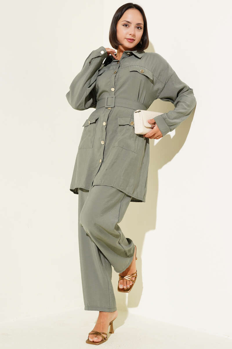 Metal Buttoned Belted Two-Piece Set Hazel