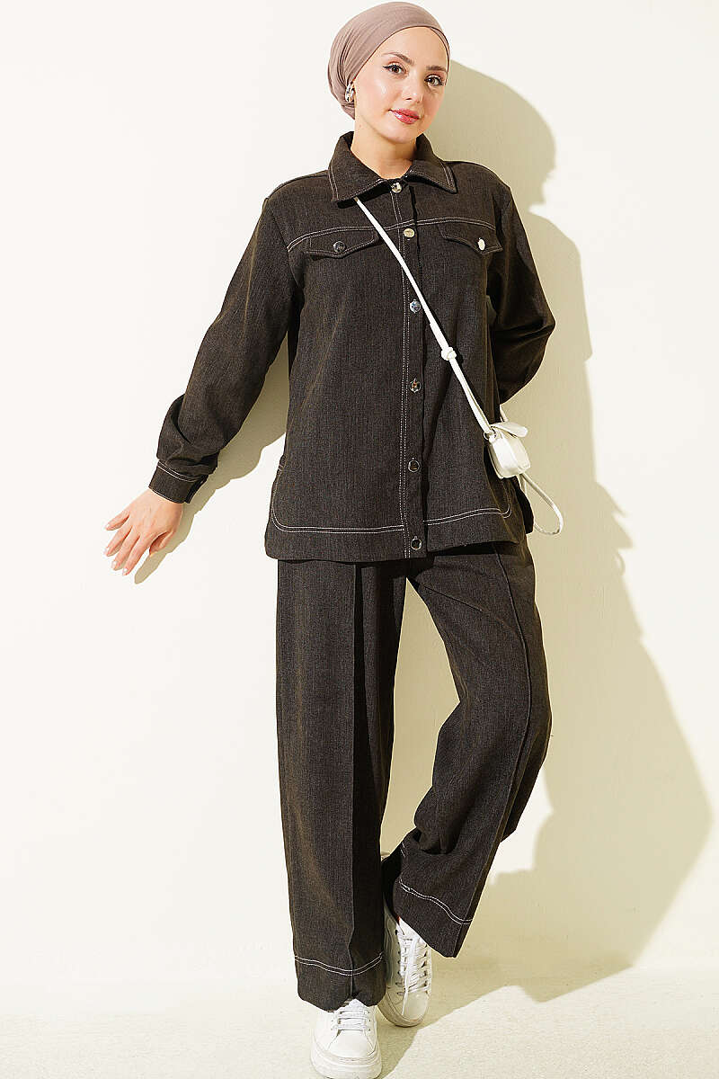 Metal Button Denim Two-Piece Set Dark Brown