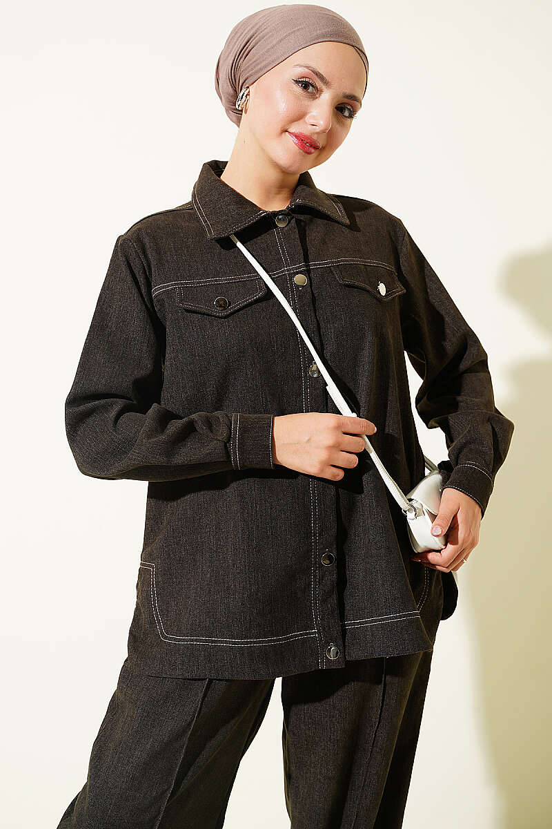 Metal Button Denim Two-Piece Set Dark Brown - immagine 2