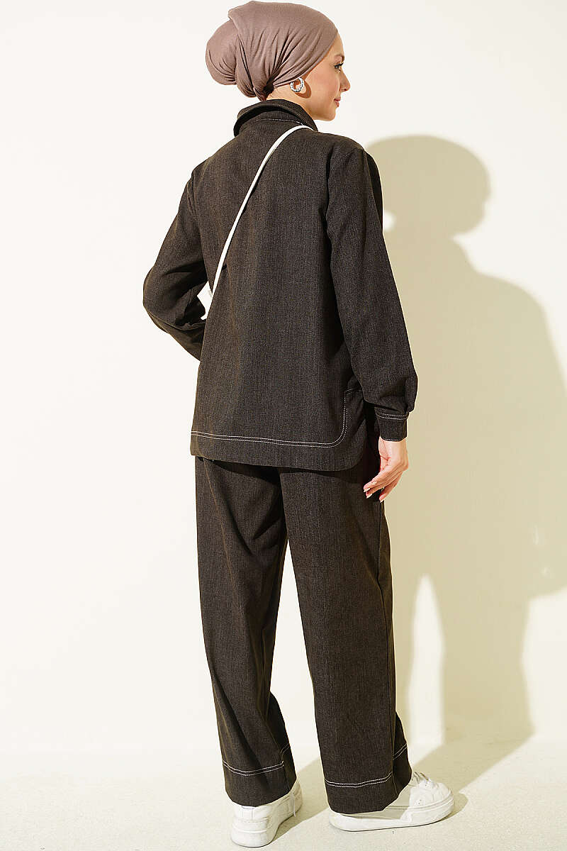 Metal Button Denim Two-Piece Set Dark Brown - immagine 3