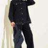 Metal Button Denim Two-Piece Set Navy Blue