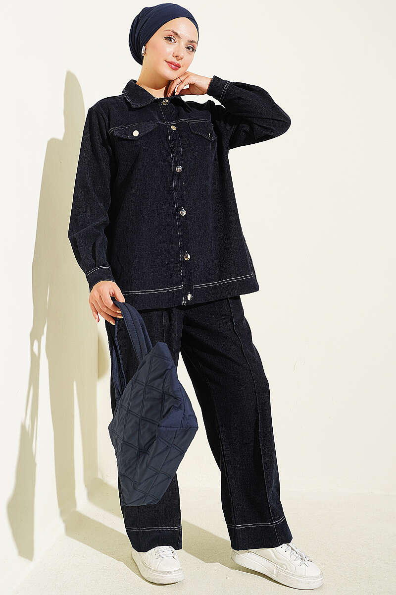 Metal Button Denim Two-Piece Set Navy Blue