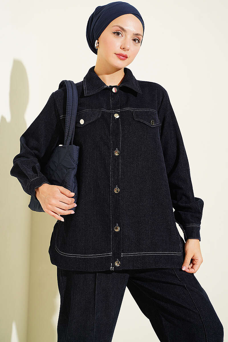 Metal Button Denim Two-Piece Set Navy Blue - الصورة 2