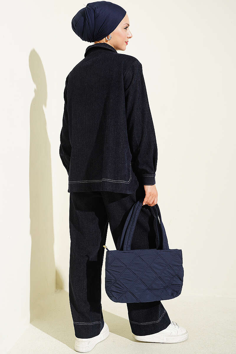 Metal Button Denim Two-Piece Set Navy Blue - الصورة 3