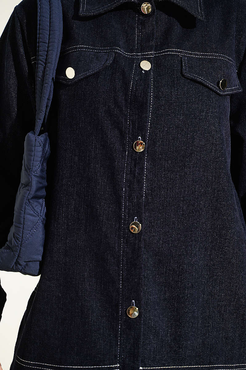 Metal Button Denim Two-Piece Set Navy Blue - الصورة 4