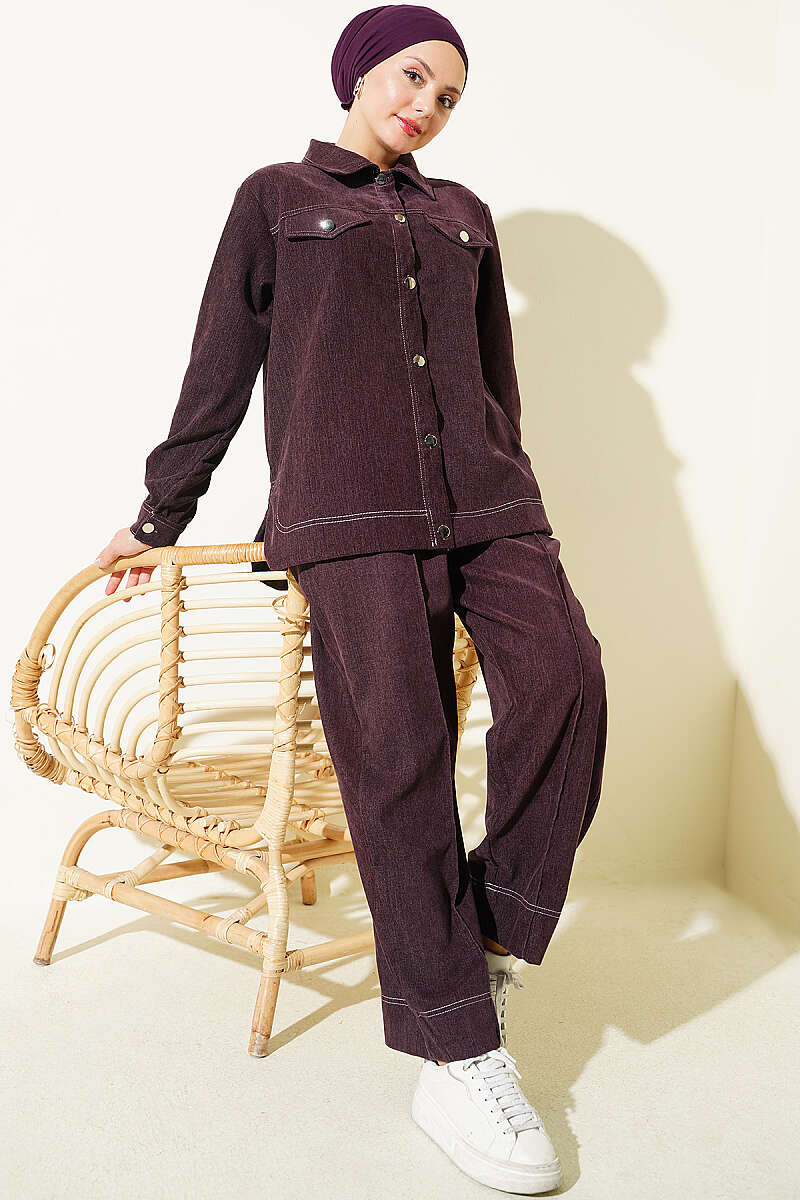 Metal Button Denim Two-Piece Set Plum