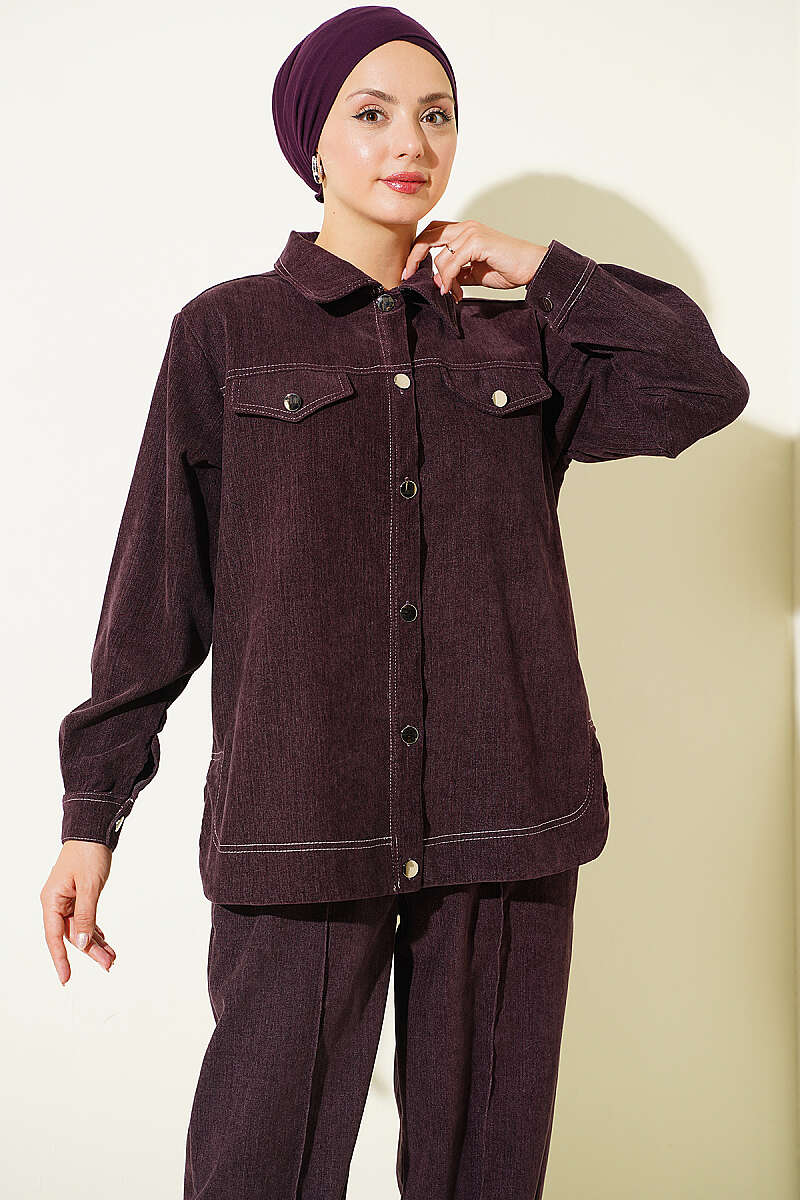 Metal Button Denim Two-Piece Set Plum - immagine 2