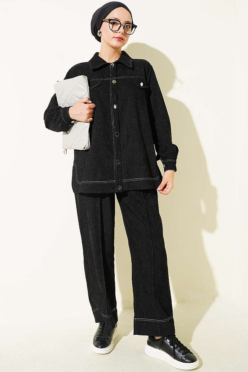 Metal Button Denim Two-Piece Set Black
