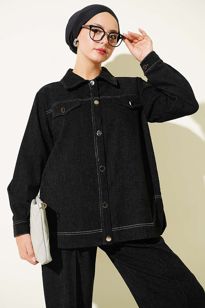 Metal Button Denim Two-Piece Set Black - الصورة 2