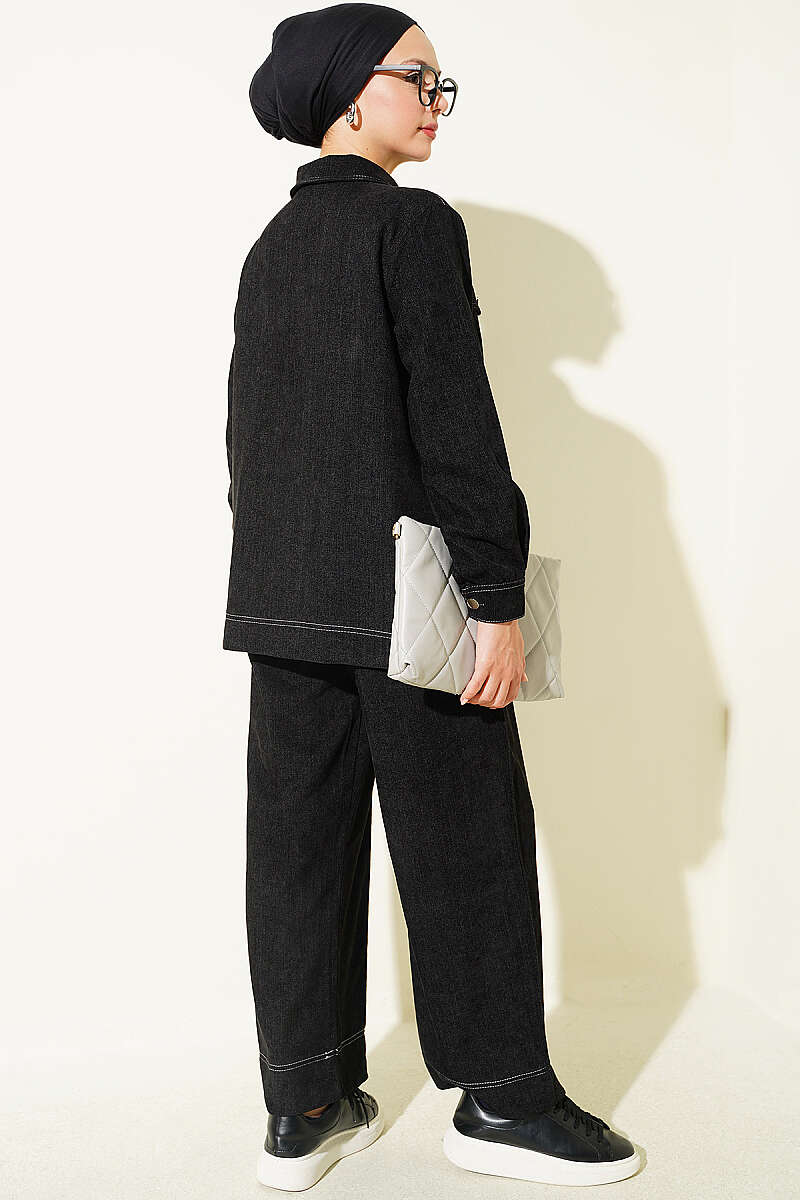 Metal Button Denim Two-Piece Set Black - الصورة 3