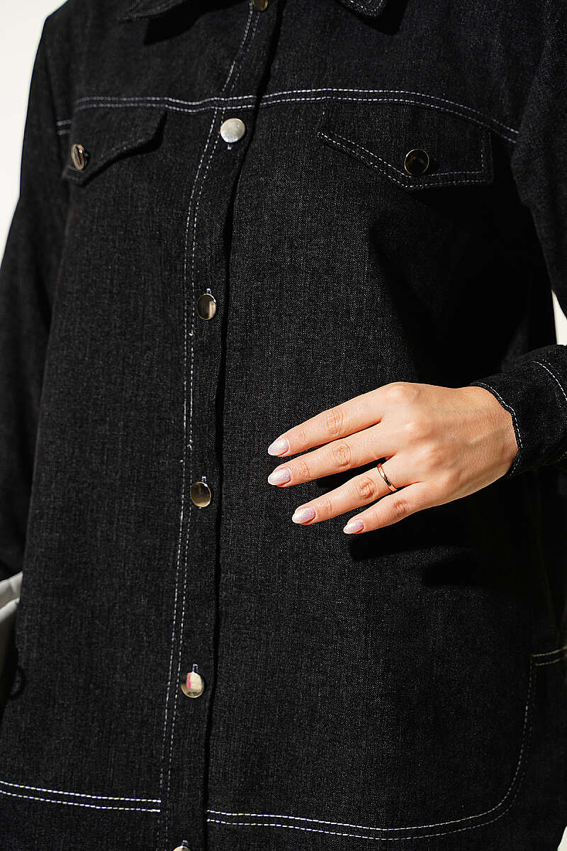 Metal Button Denim Two-Piece Set Black - الصورة 4