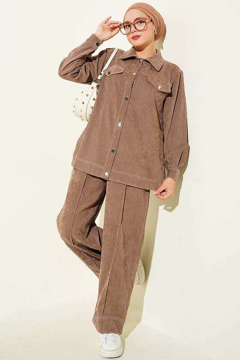 Metal Button Denim Two-Piece Set Mink