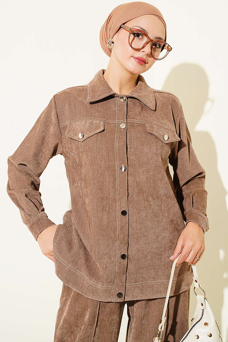 Metal Button Denim Two-Piece Set Mink - Imagen 2