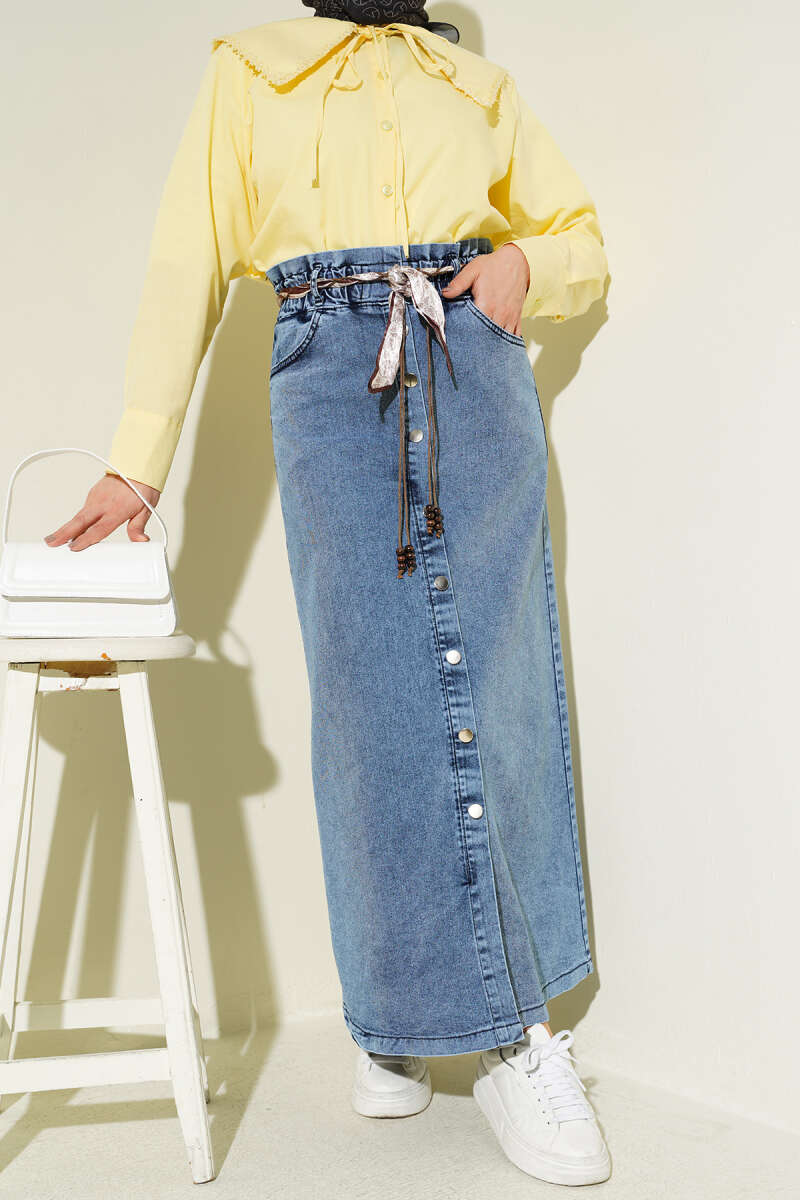 Metal Buttoned Belted Denim Skirt Light Blue