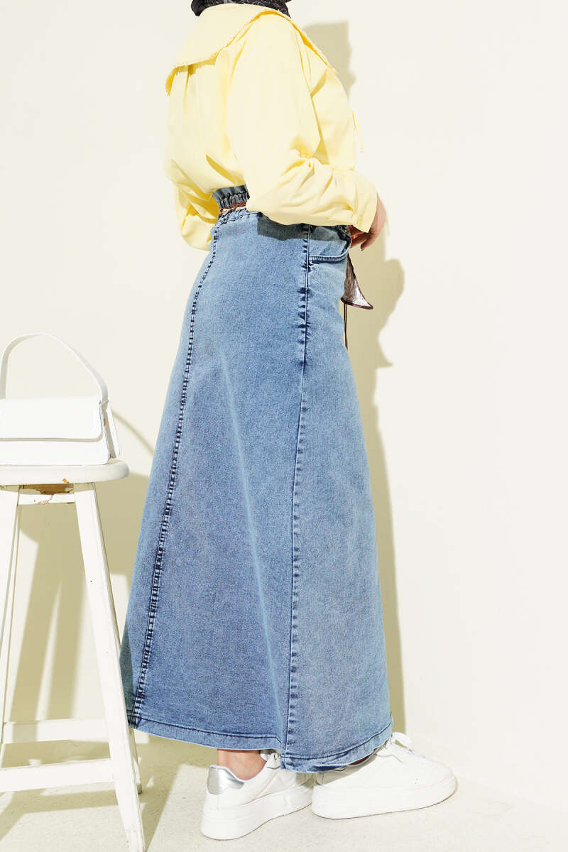 Metal Buttoned Belted Denim Skirt Light Blue – Image 3