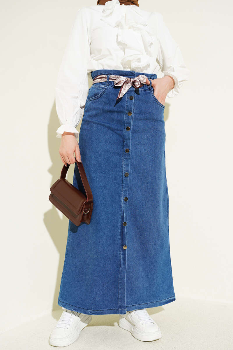 Metal Buttoned Belted Denim Skirt Light Blue – Image 5