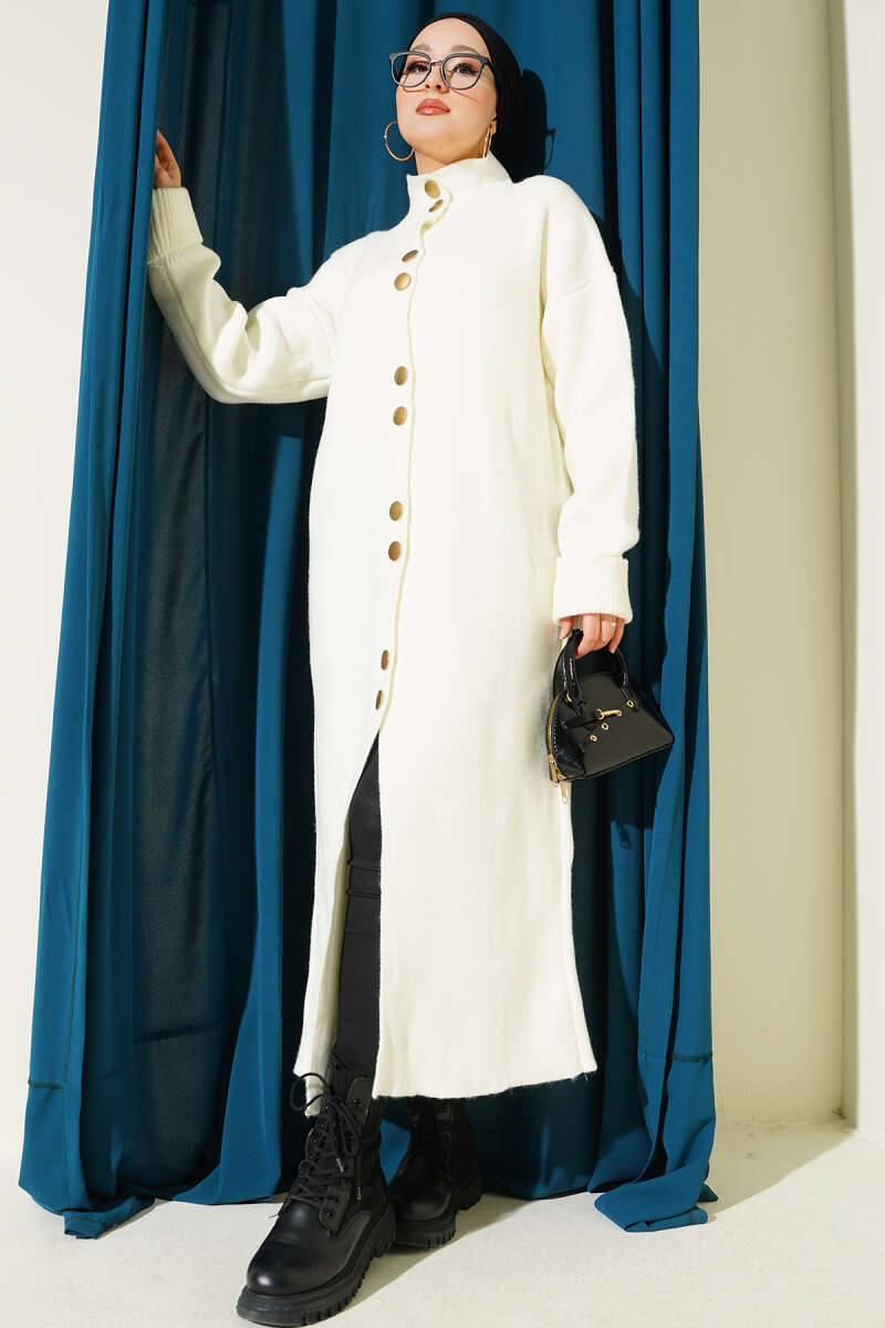 Metal Gold Button Long Knit Cardigan Ecru