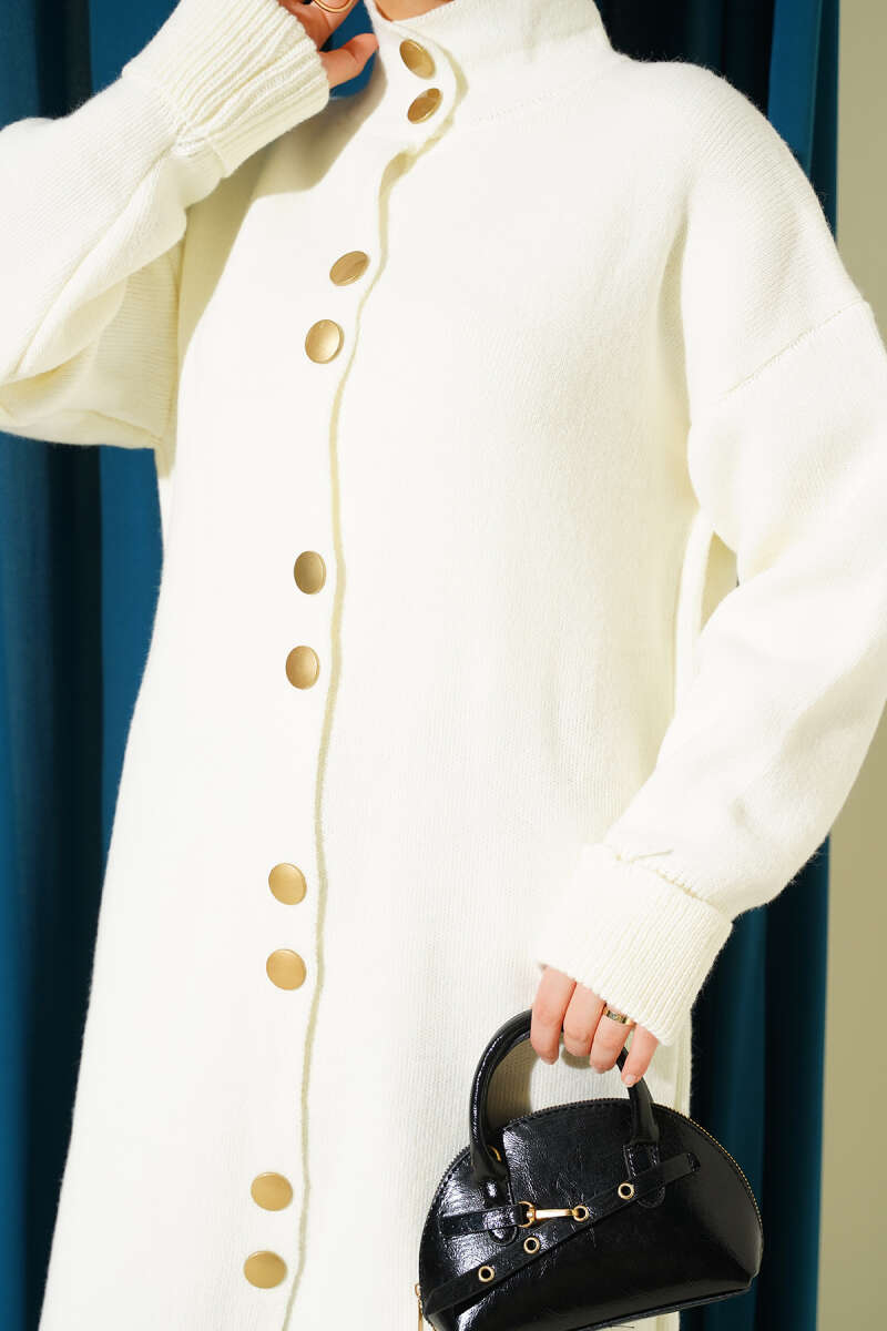 Metal Gold Button Long Knit Cardigan Ecru – Image 4