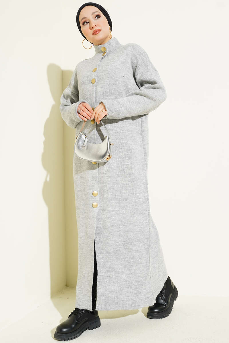 Metal Gold Button Long Knit Cardigan Grey