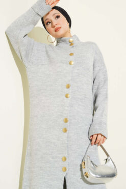 Alternative view of Metal Gold Button Long Knit Cardigan Grey