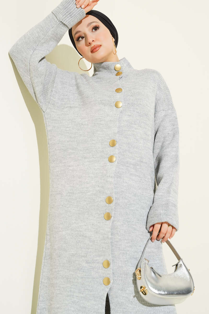 Metal Gold Button Long Knit Cardigan Grey – Image 2