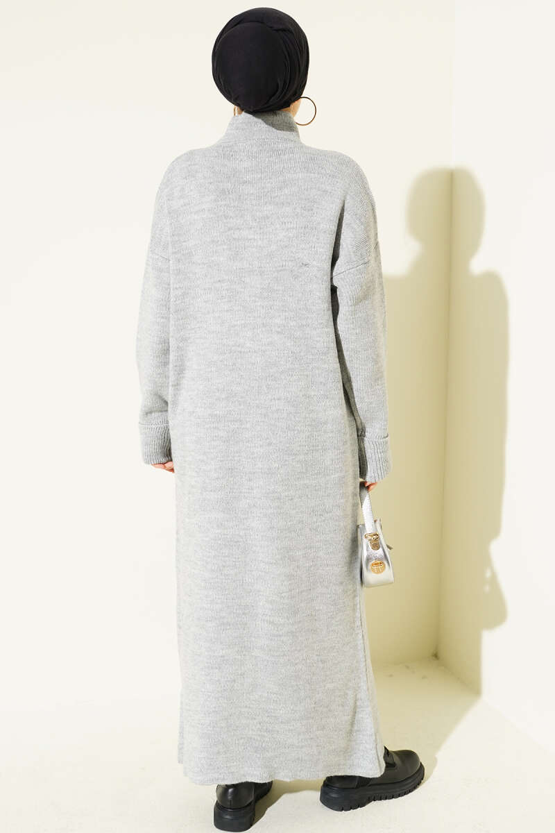 Metal Gold Button Long Knit Cardigan Grey – Image 3